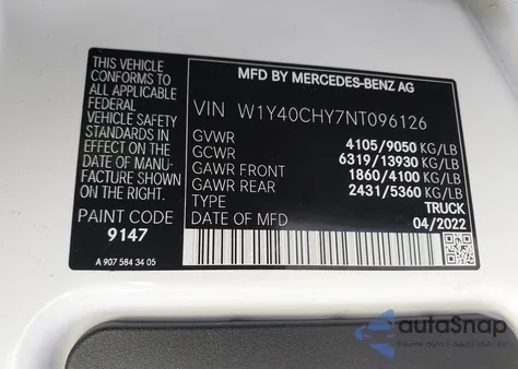 2022 Mercedes-Benz Sprinter 2500 High Roof I4 из США, поврежденный, VIN W1Y40CHY7NT096126
